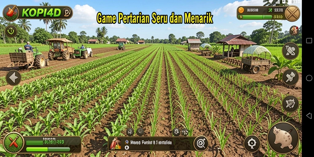 Screenshot gameplay KOPI4D menampilkan lahan pertanian yang subur dan tanaman yang beragam.