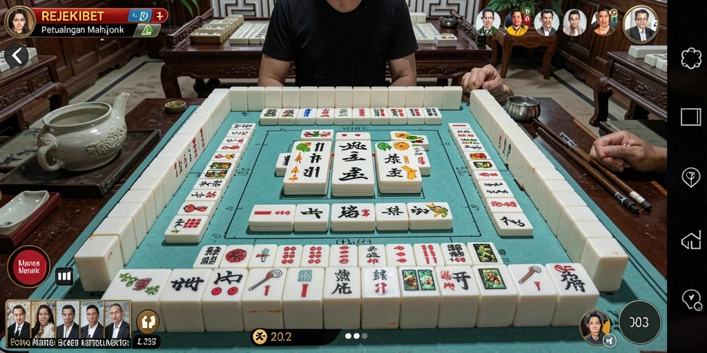 Tampilan gameplay REJEKIBET yang menarik dengan ubin Mahjong berwarna-warni.
