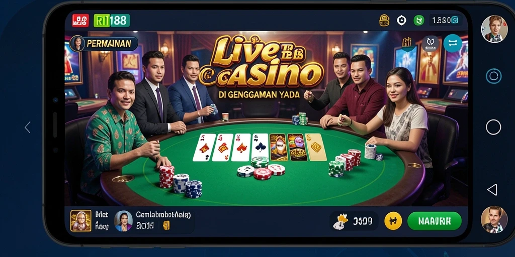 Screenshot utama menunjukkan gameplay Live Casino yang menarik dan interaktif.