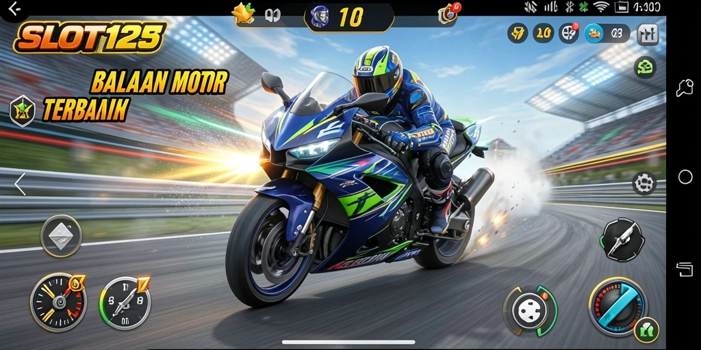 Screenshot menunjukkan aksi balapan motor yang mendebarkan di SLOT123.